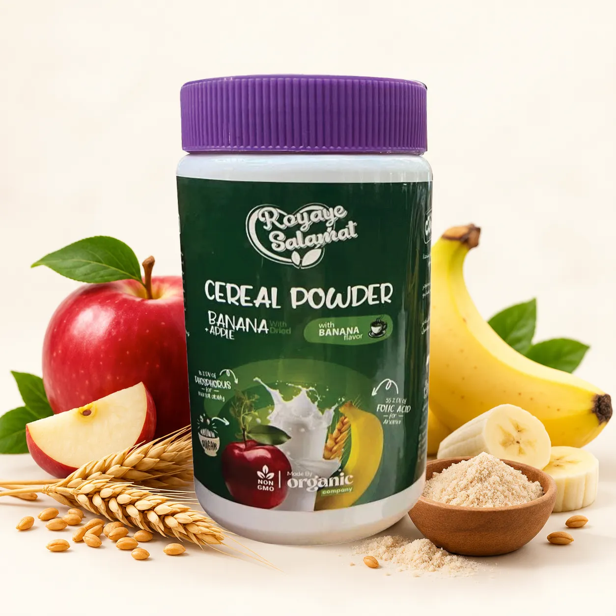 sereal-powder-benana-apple پودر غلات سبوسدار با طعم سیب و موز و خرفه